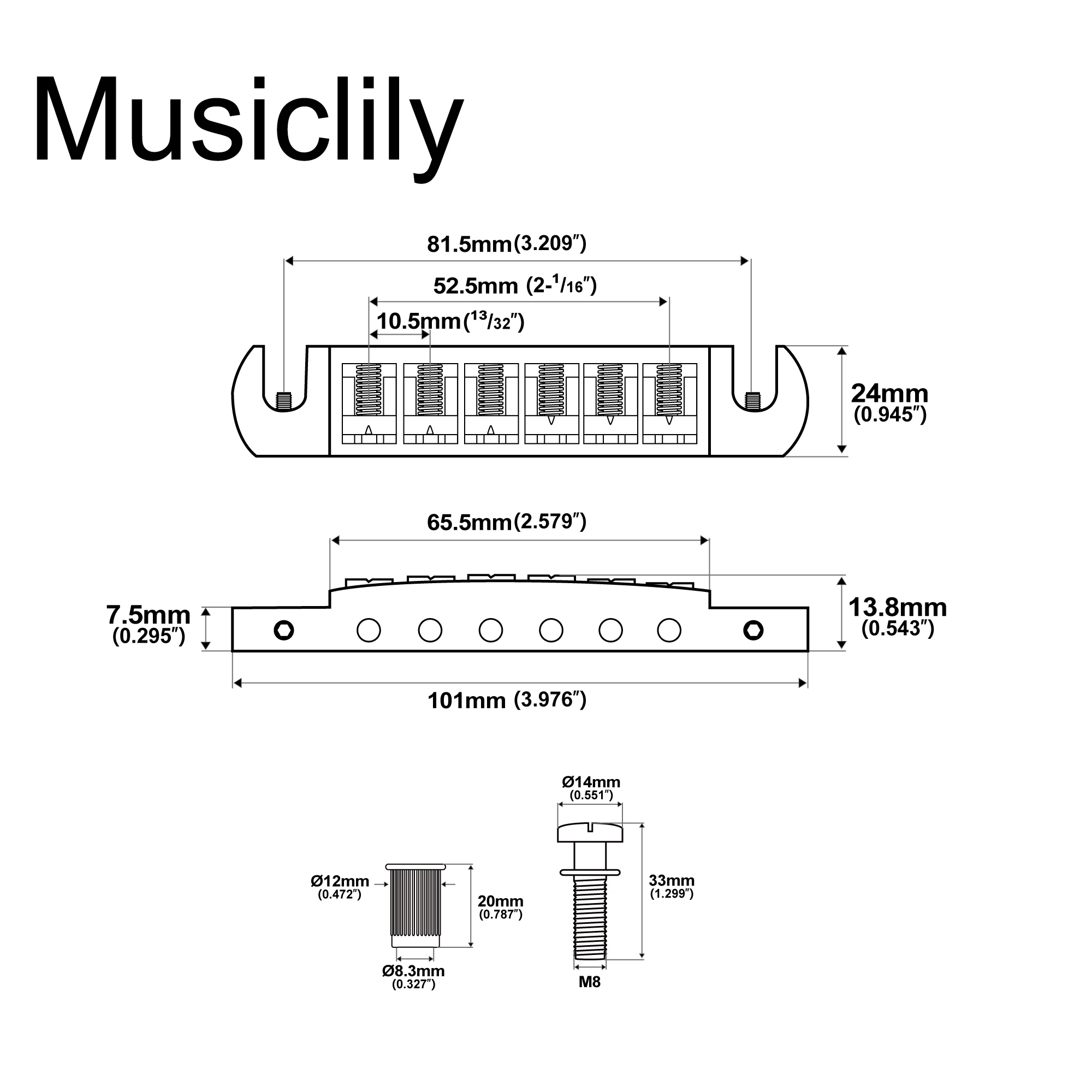 Musiclily Pro 52.5mm String Spacing Tune-o-matic Pigtail Style