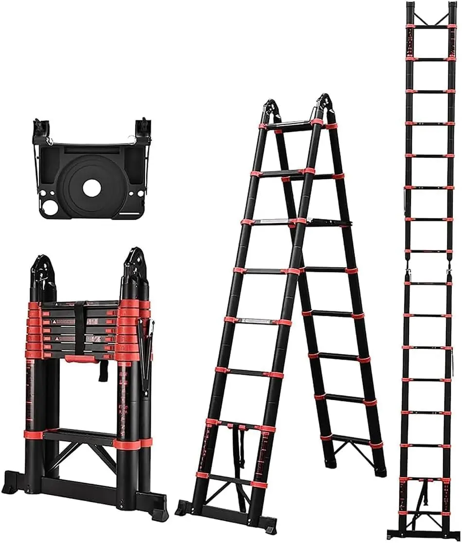 Telescoping Ladder, 16.5 FT A Frame Ladder, Compact Aluminum Extension Ladder Portable Collapsible Ladder with Stabilize