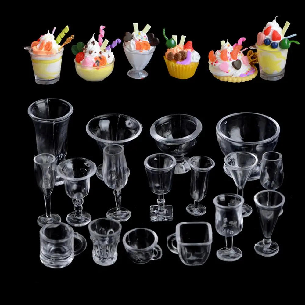 17PCS/Set Acrylic  Kitchen Dollhouse Accessories Ice Cream Bowl Miniatures Goblet Simulation Cookware Mini Cup