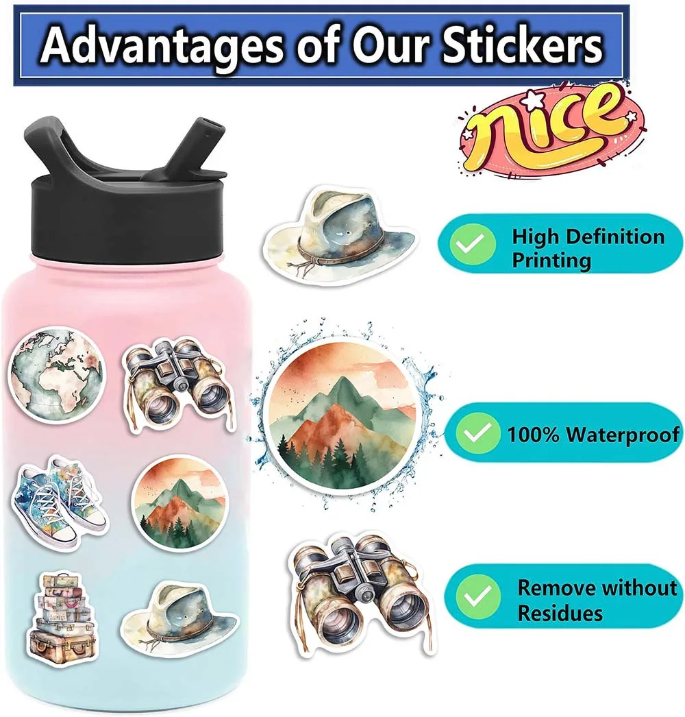 10/50Pcs Retro Outdoor Travel Watercolour Varied Sticker Pack for Kids Scrapbooking Travel Luggage Wall Graffiti Sticker Decals