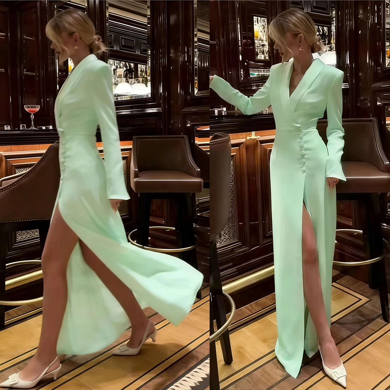 

High Slit Button Women Blazer Dress Slim Fit Evening Dress Long Sleeves Floor Length Customized Formal Party One Piece