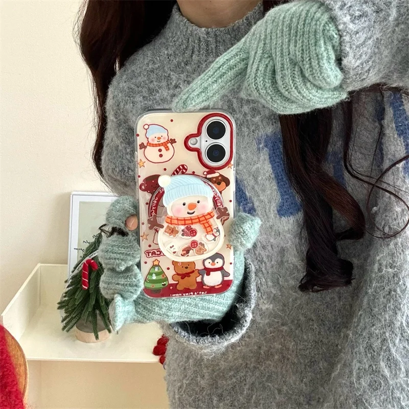 Linda bufanda navideña muñeco de nieve oso Magsafe funda de carga inalámbrica para iPhone 13 14 15 16 Pro Max sombrero de muñeco de nieve agitar soporte magnético
