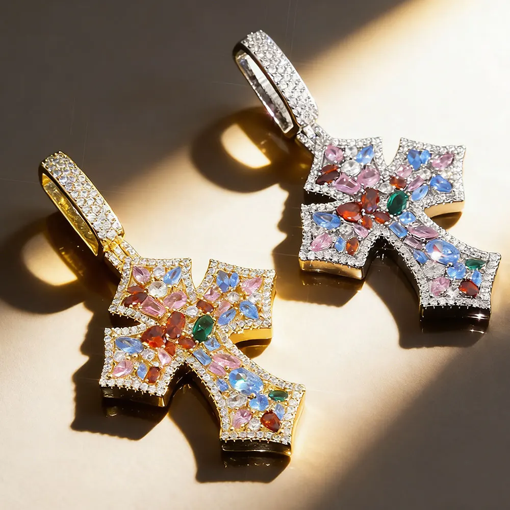 Colorful Gemstone Pendant Hip Hop Cross Sparkling Zircon Necklace Tennis Chain Stainless Steel Rope Chain Universal Jewelry