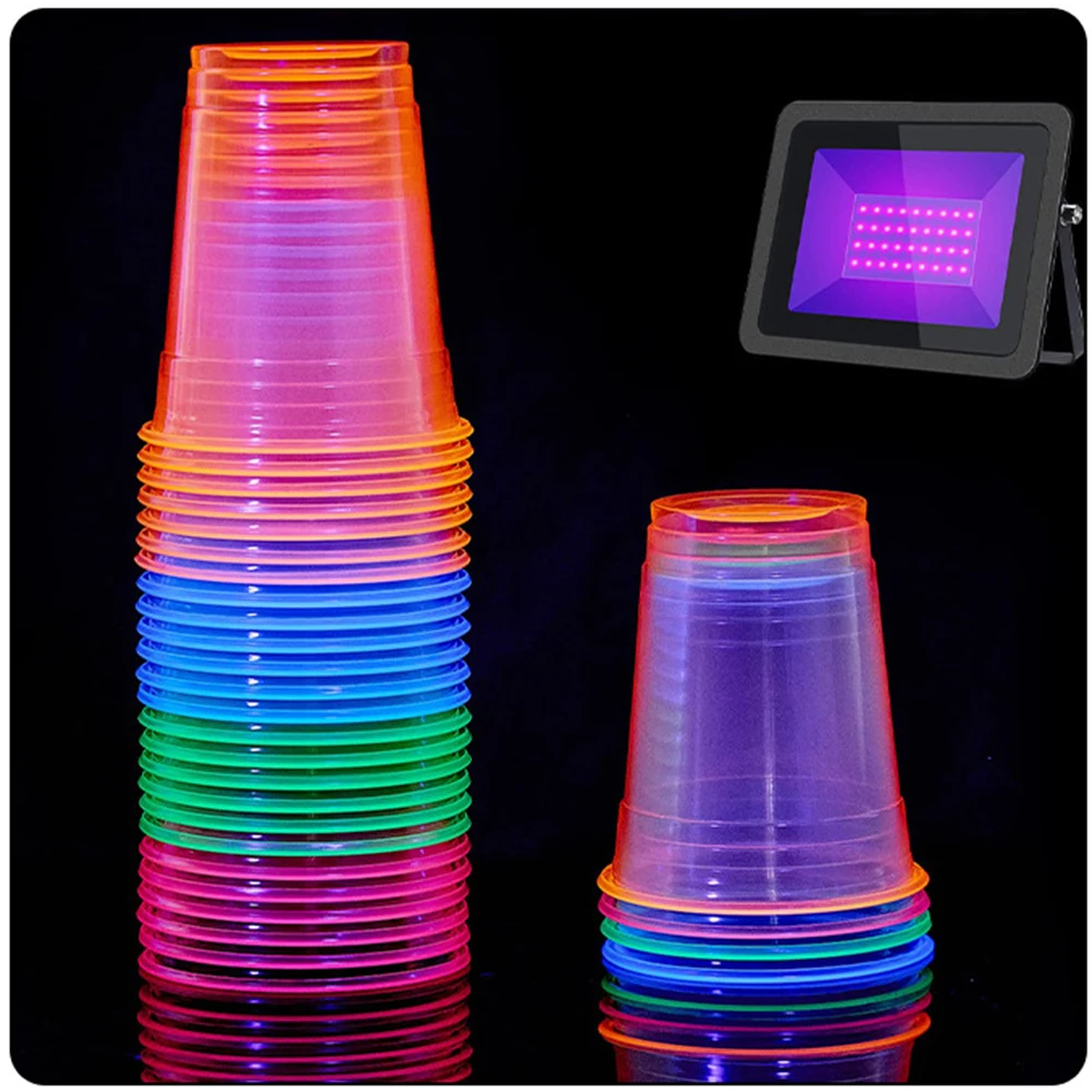 50/100 Stück Neon Glow Kunststoff Party Tassen Neon Farben Tassen für UV Schwarz Licht Reaktive Neon Geburtstag Glow in the Dark Party Supplie – Detail 1
