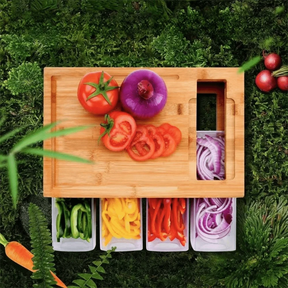 

Bamboo Multifunctional Cutting Board Set with Container and Grater Square Chopping Block Drawer Design Chopping Board
