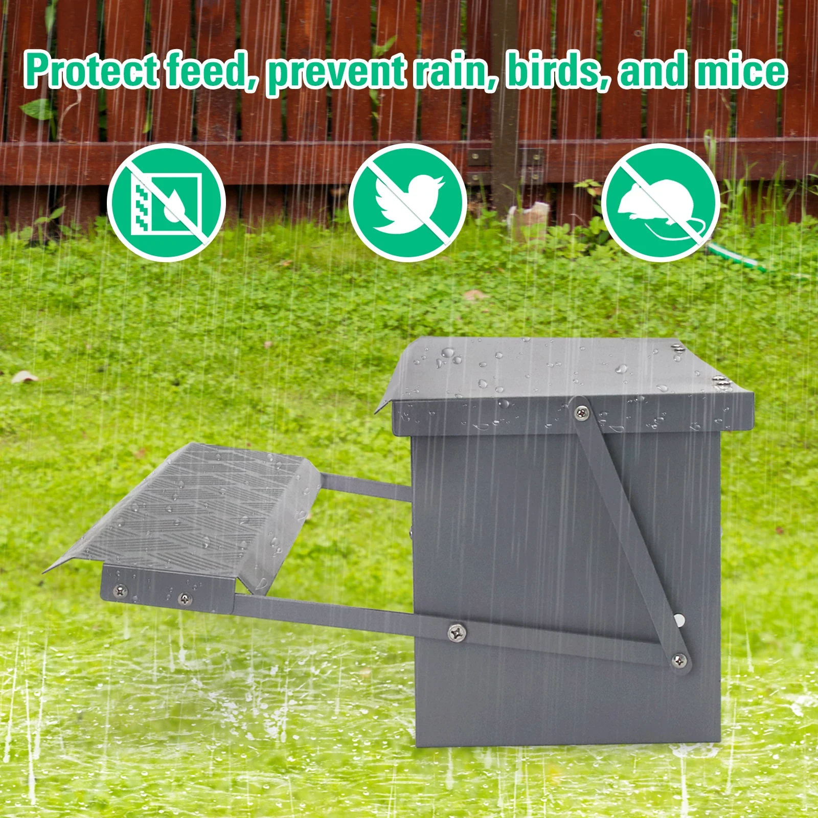 Chicken Feeder Poultry Treadle Iron Spray Paint Trough for Rooster Pheasant Chicken Outdoor Coop Rat Proof with Weatherproof Lid - view 5