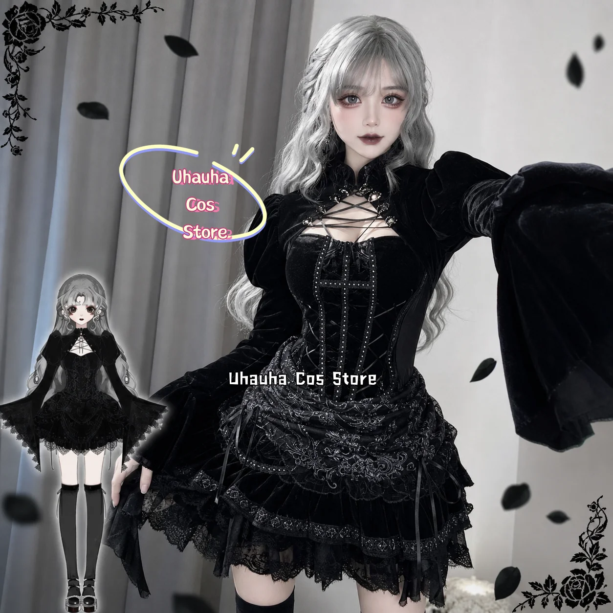 CR812 Original Prayer Day Vestido Lolita Gótico Oscuro de Terciopelo JSK con Cinturón, Traje de Cosplay Vintage para Mujer para Halloween