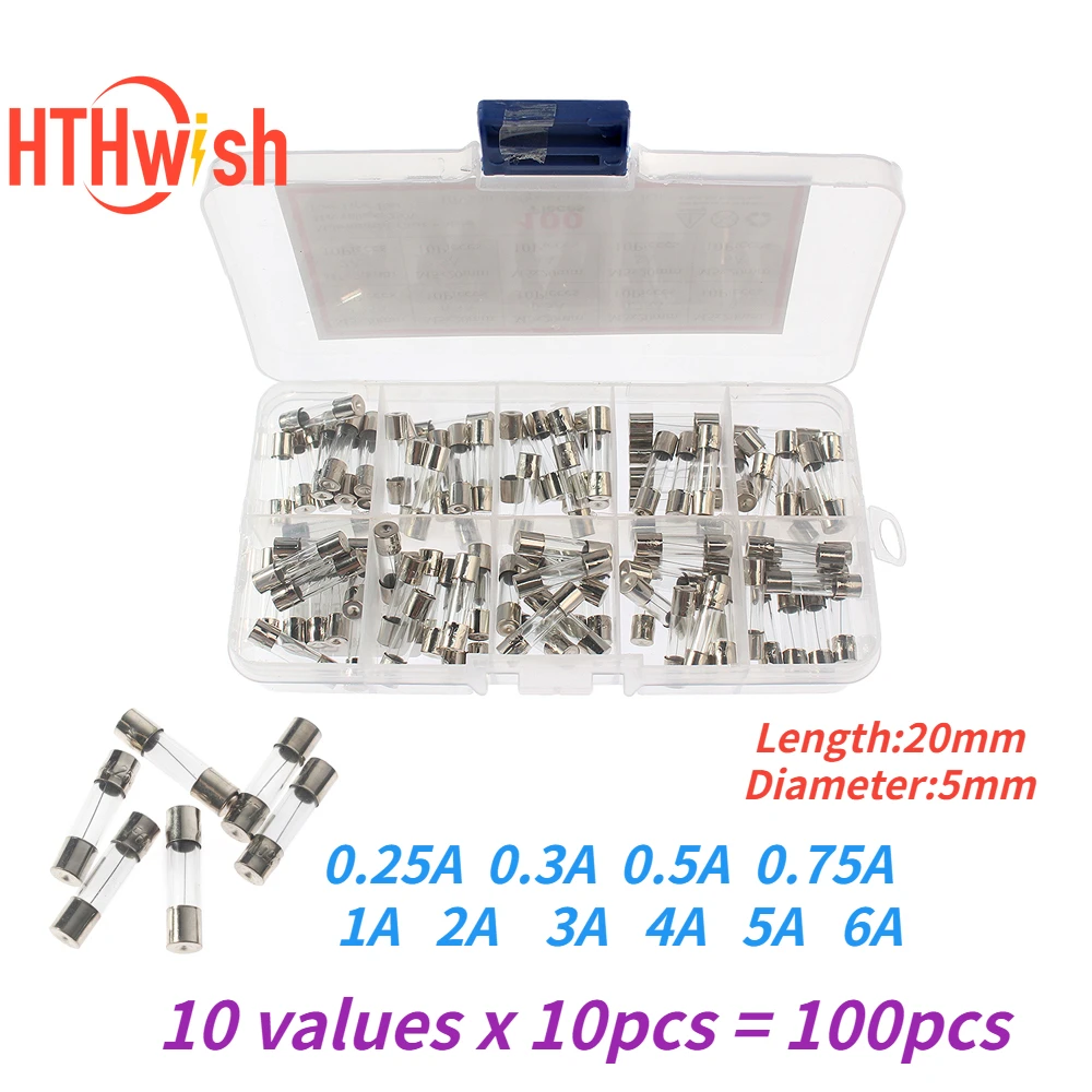 100pcs/box Quick Blow Glass Tube Fuses Car Glass Tube Kit 0.25 0.3 0.5 0.75 1 2 3 4 5 6A 0.25A-6A 5*20mm 0-250V