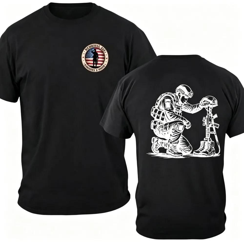 2026 New Memorial Day Kneeling Soldier Memorial Back Print T-shirt, American Patriotic Military Loose Unisex Tops