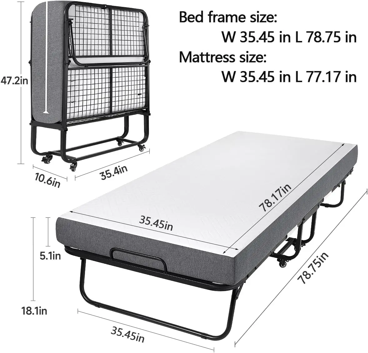 Letto pieghevole, (con materasso in memory foam spesso 5,2", 79 * 35 pollici, adulto pieghevole portatile con materasso per uso ospiti,