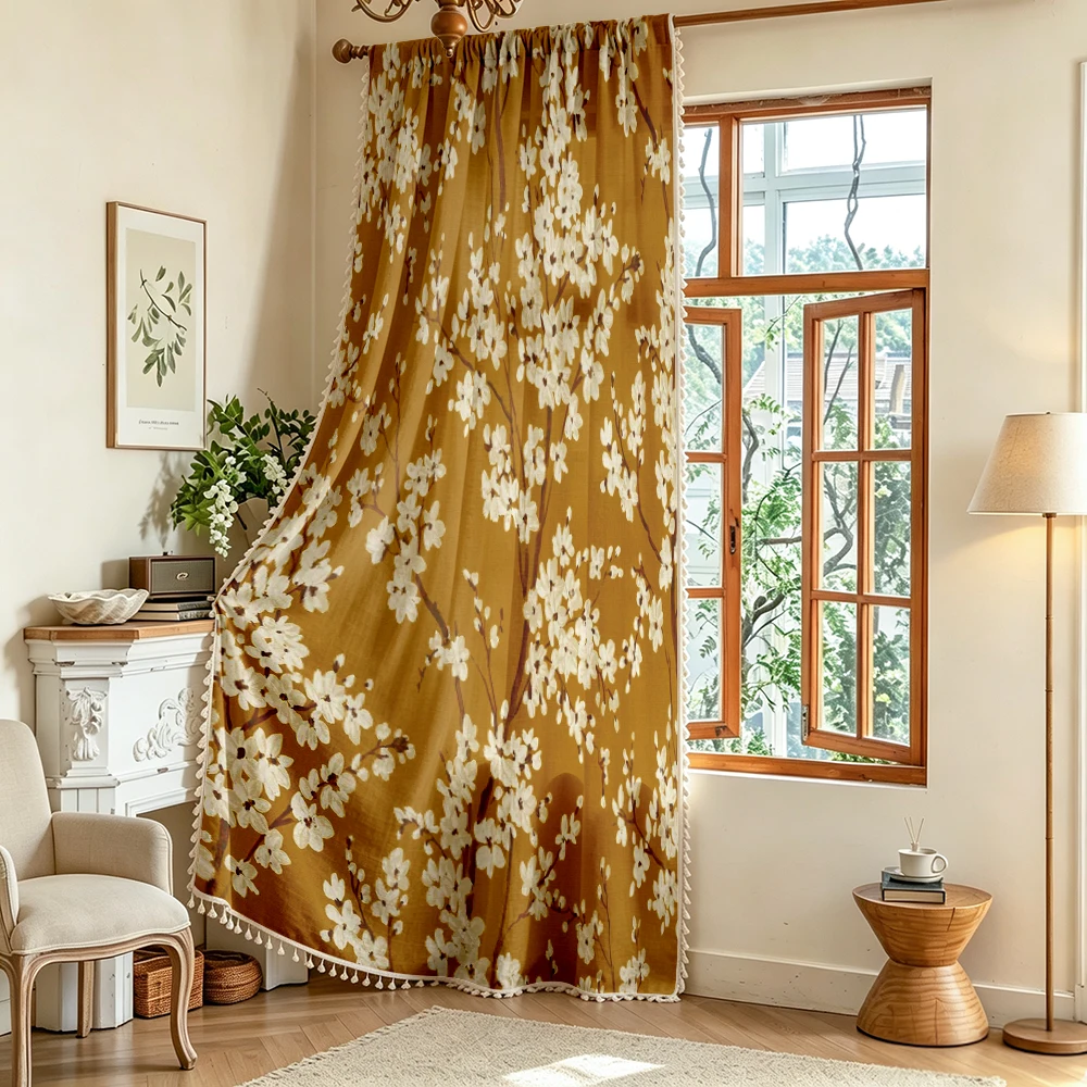 1PC Luxury Tassel Sheer Curtains, Gold Brown Floral, Digital Print, Linen Polyester, Bedroom Living Room, Rod Pocket Polyester