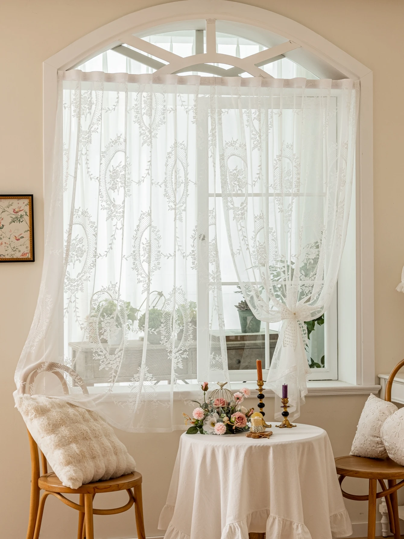 Lace Curtains White Flower Embroidered Single Panel No Drill Hook And Loop Fastener kitchen curtains Sheer Curtain Romantic