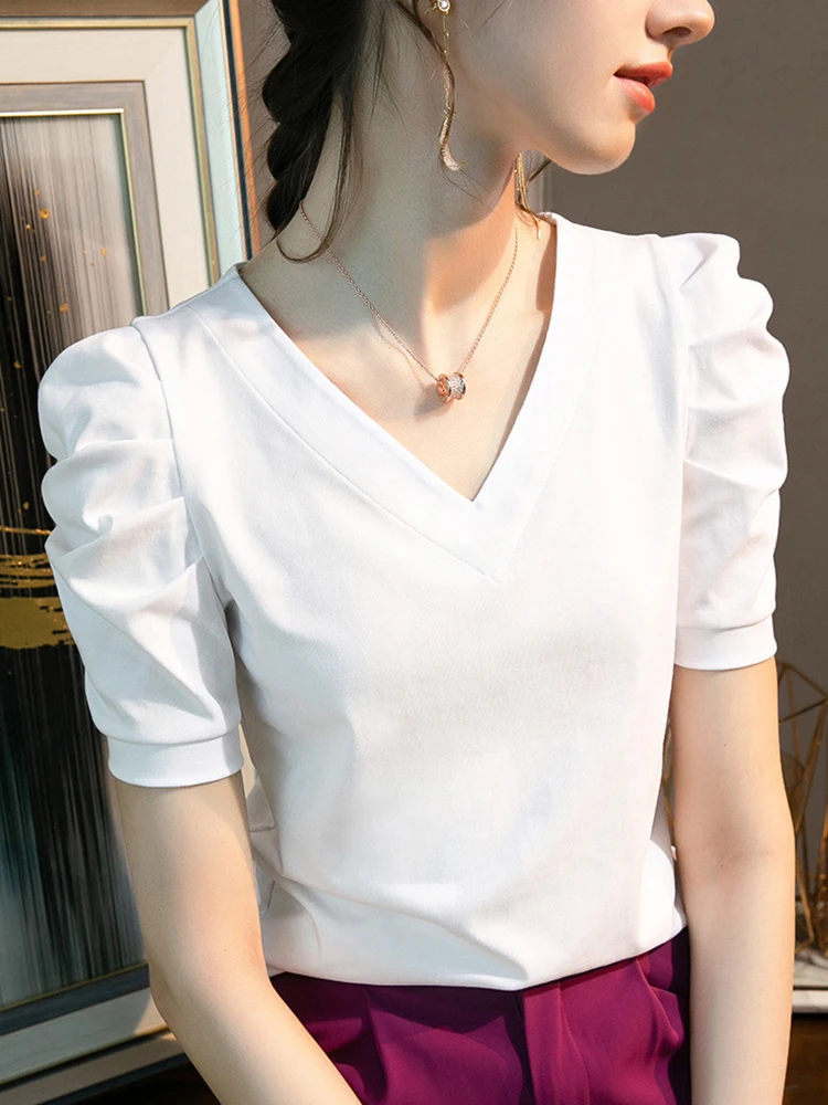 

French White Short Sleeved V-neck T-shirt for Women 2024 Breathable Ice Cotton Tops Free Shiping Clothes Women Shirts Y2k 3xl