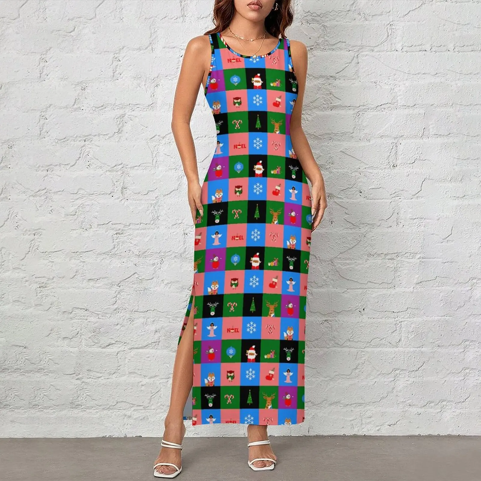 ColorBlock Check Dress Sleeveless Christmas Print Kawaii Maxi Dresses Spring Street Wear Graphic Bodycon Dress Big Size
