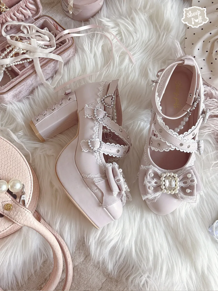 Japanese Sweet Cute Original Lolita Bow Rhinestone Pearl Single Shoes Women's Retro Gorgeous Mass Production Bud High Heels Girl