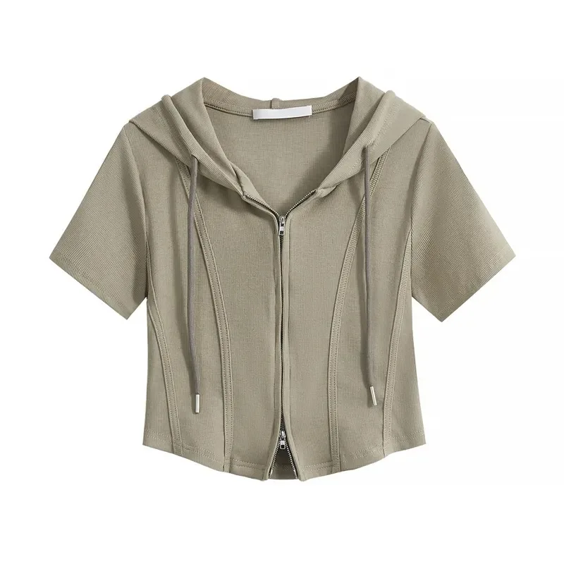 Women's Cropped Zip-up Hoodie Khaki Short Sleeve Zip Front Hooded Crop Top with Contrast Stitching