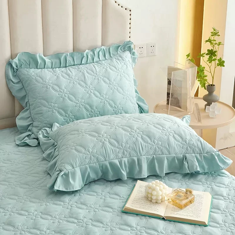 2pcs Solid Color White Pink Blue Quilted Pillowcase Thickened Cotton Pillow Case Lotus Leaf Lace Pillow Cover For Home Bed Decor