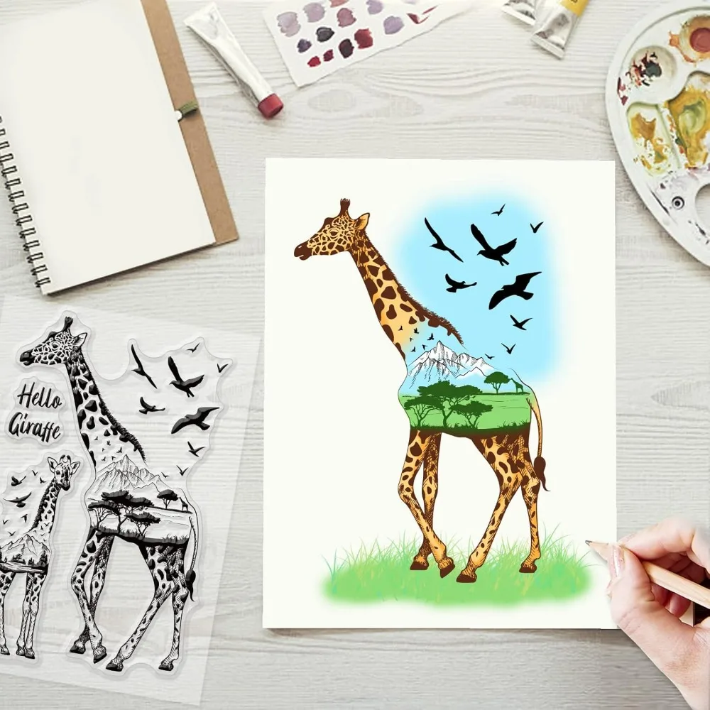 Animal Giraffe Silicone Clear Stamp Tree and Bird Transparent Silicone Stamp Realistic Landscape Rubber Stamp for Scrapbook