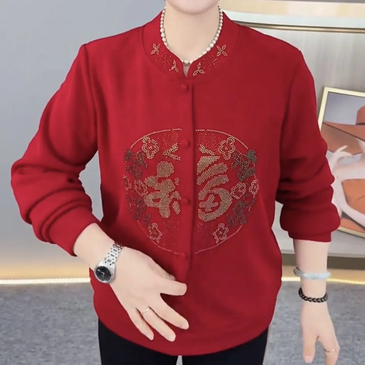 Red Fleece Lined Long Sleeve T-Shirt Women's Design Sensation New Year's Battle Robe Mommy's Winter Fashion Casual Loose Fit ...