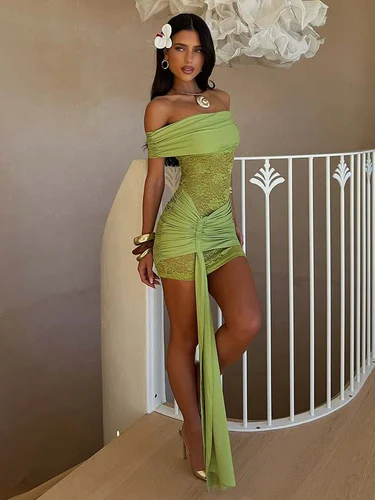 Dulzura-minivestido transparente de encaje fruncido con hombros descubiertos y espalda descubierta para mujer, minivestido Sexy y elegante para fiesta y Club, ropa de verano