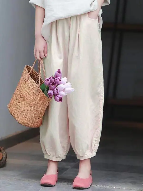 Leichte Taille-Leinen-Laternenhose, lässige, lockere Passform, neunteilige Hose, künstlerische Hose, bequeme hohe Taille, dünnes Modell