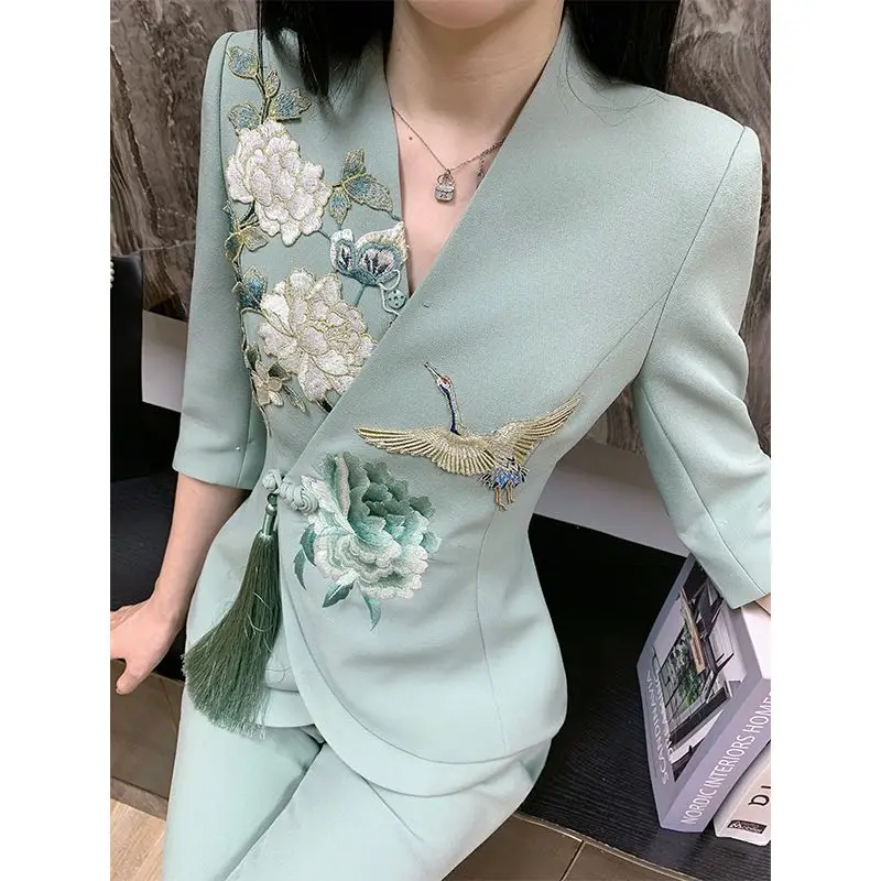 

Retro Women's Floral Embroidered V-Neck Blazers Coat Long Sleeve Suit Jacket Tassels Buckle Cardigan Tops + Wide Legs Pants 2Pcs
