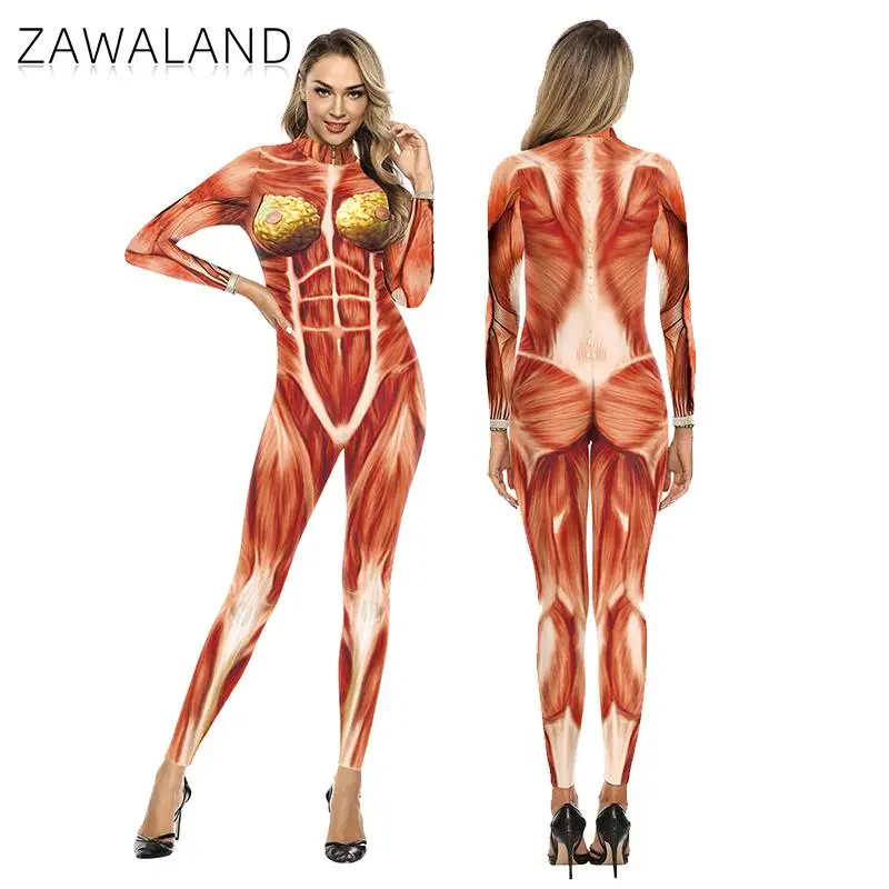 Zawaland Cosplay Costume for Women Adult Party Clothing Holloween Carnival Men Bodysuit Long Sleeve Slim Zentai Muscle Suits