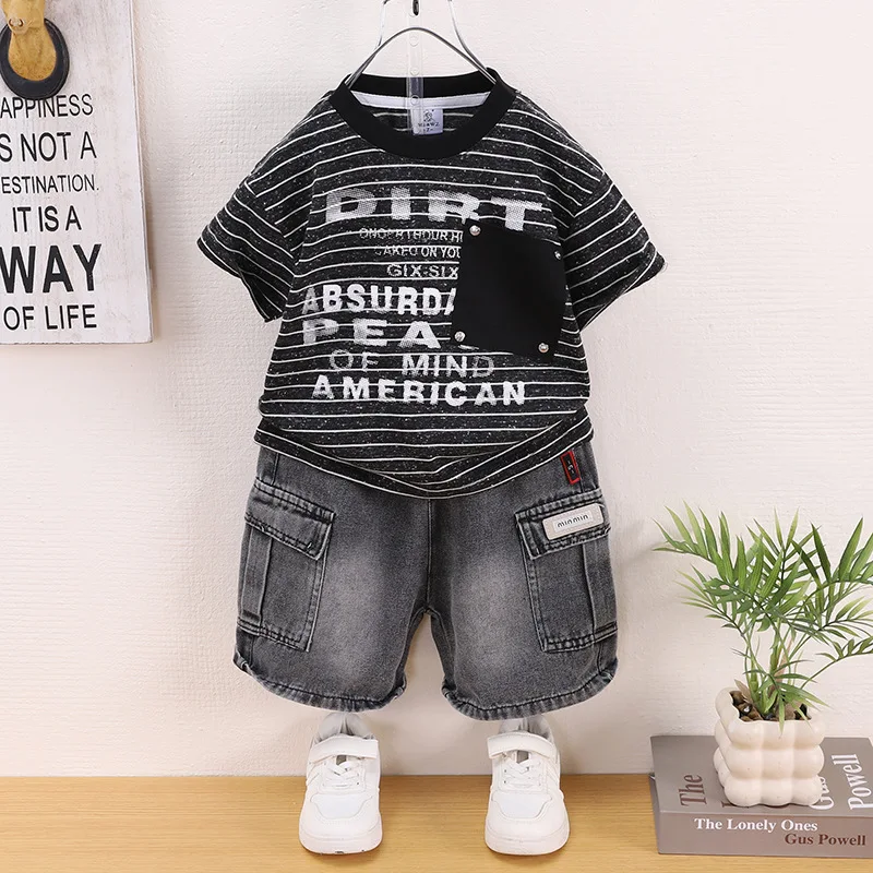 2-7 Years Toddler Boys Suit Summer Outfits for Kids Letter Striped Short Sleeve T-shirts and Denim Shorts 2 Piece Set Clothes