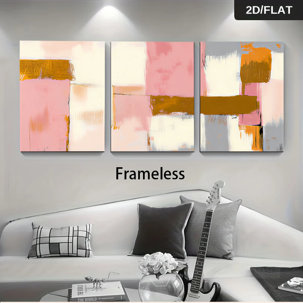 1 set of modern abstract pink, gold, and gray triple entrance bedroom, study, frameless decorative painting, 2D plan