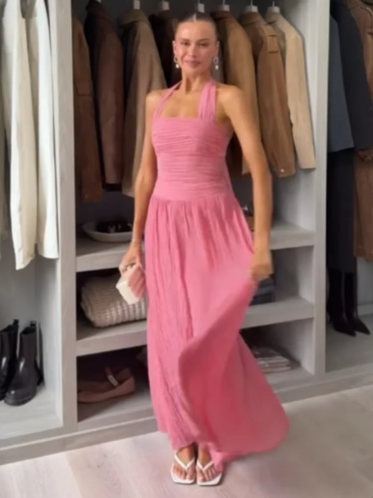 

Pink Halter Maxi Dress Women Elegant Classic Ruched Bodice Design Flowy Lightweight Dresses 2026 Lady Vacation Street Vestidos