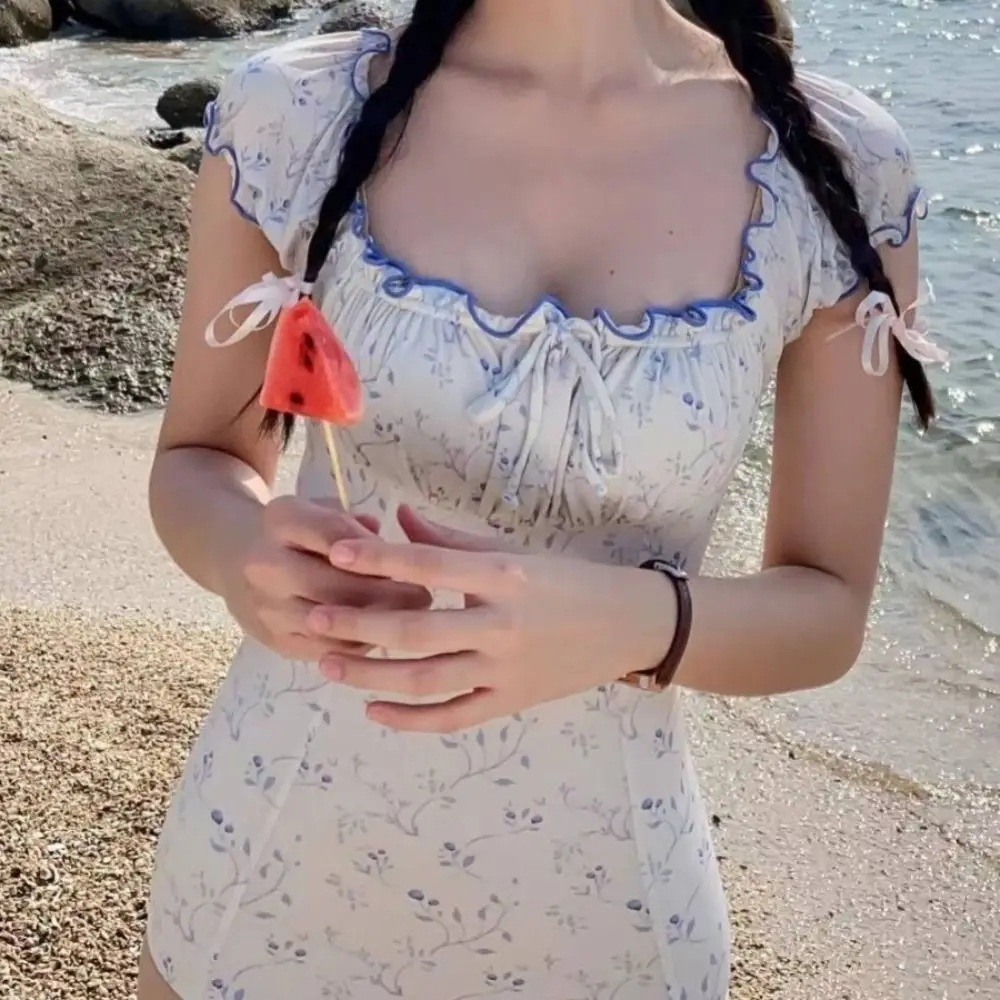 

Slim Ruffled Printed Swimming Suit Heart Print Padded Bathing Suit Dot Pattern Drawstring Beach Wear Summer