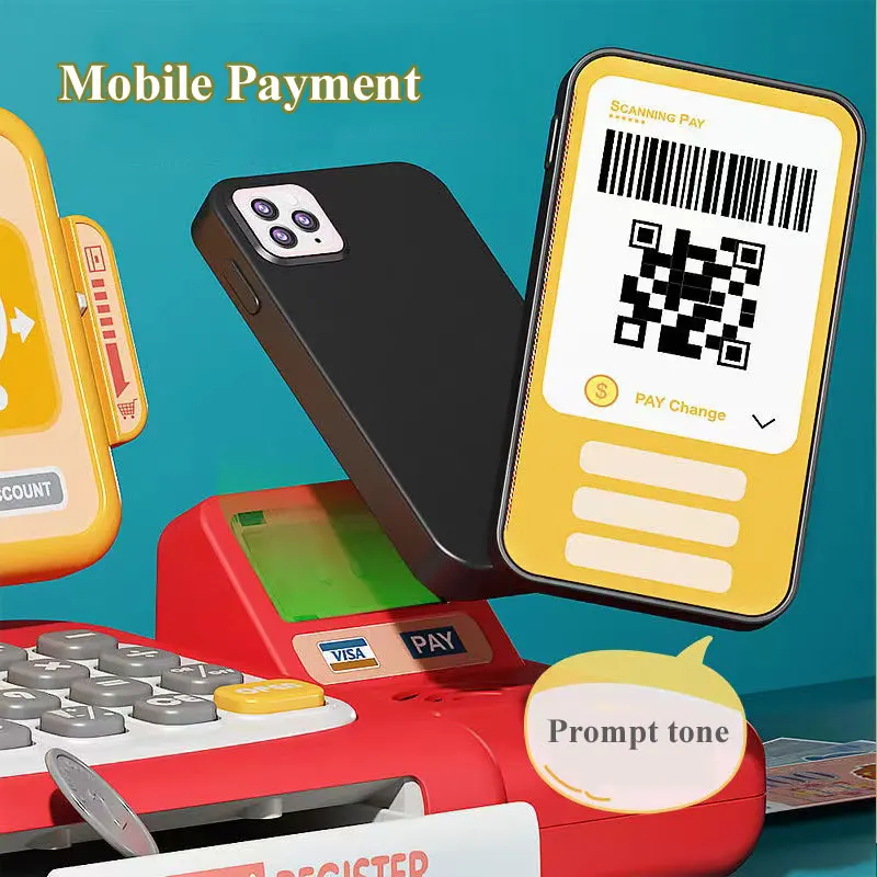 Nuovi bambini Fai finta di giocare Calcolatrice Registratore di cassa Giocattolo Supermercato Shopping Cassiere Contatore con scanner Microfono Carta di credito