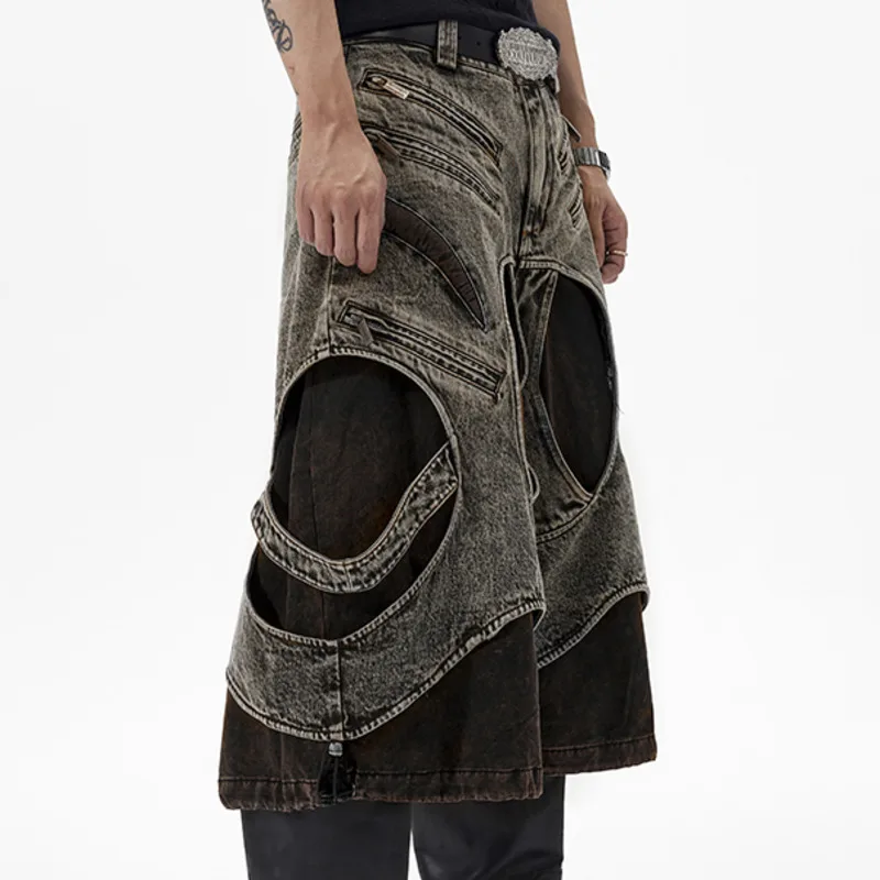 HKSH صيف جديد الرجال المد قطعتين هيكل تصميم تحسس Capris الدنيم الأمريكية شارع العليا موضة المرقعة السراويل Ins HK5252