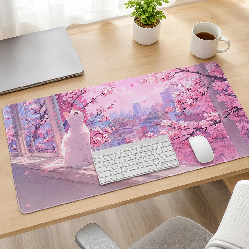 White Cat by Cherry Blossom Window Mouse Pad Gaming XL New Custom Mousepad XXL Natural Rubber Table Mat Desktop Mouse Pad