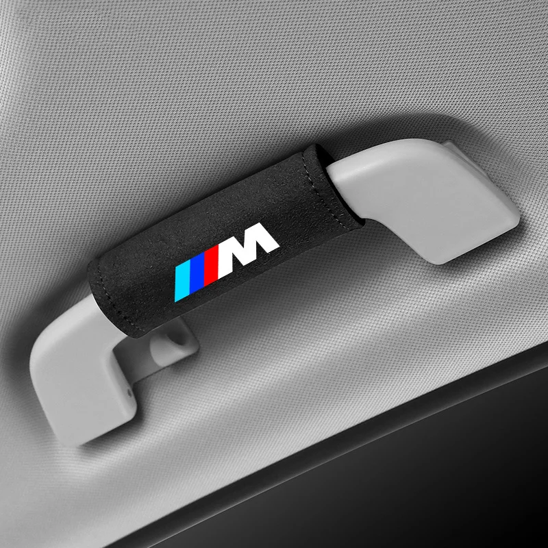 For BMW M LOGO Leather Car Roof Armrest Inner Door Pull Handle Protection Case Suede Cover 1 3 5 7 Series X1 X3 X5 X6 M Sports