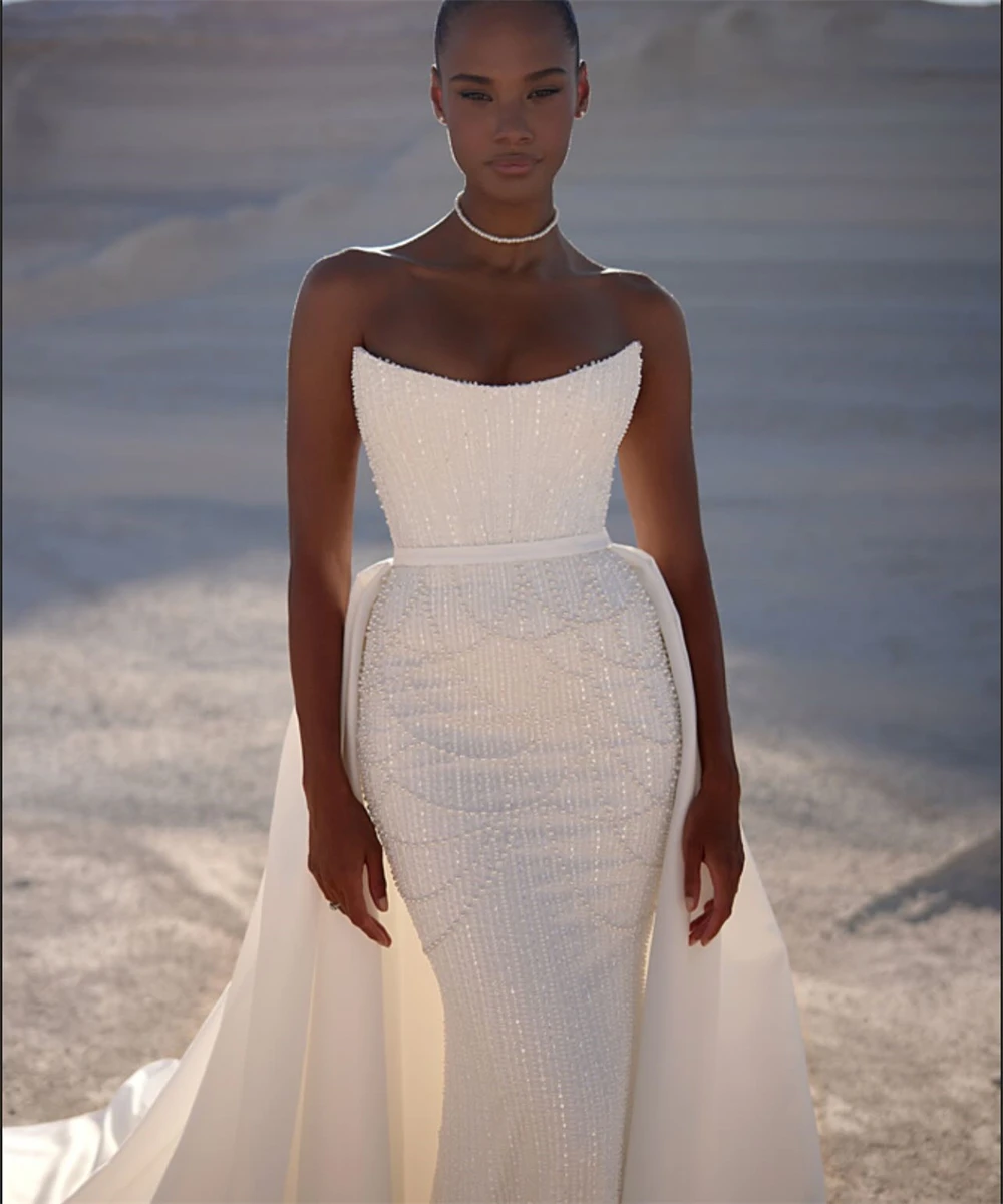 

Customized Elegant White Satin Wedding Dress Formal Strapless Sleeveless Bridal Gowns Soft Straight Court Train Vestido De Novia