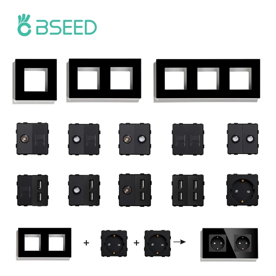 BSEED EU Wall Glass Panel With Double Internet Socket CAT5 RJ45 ST TV USB Function Parts Power Socket DIY Free Combination