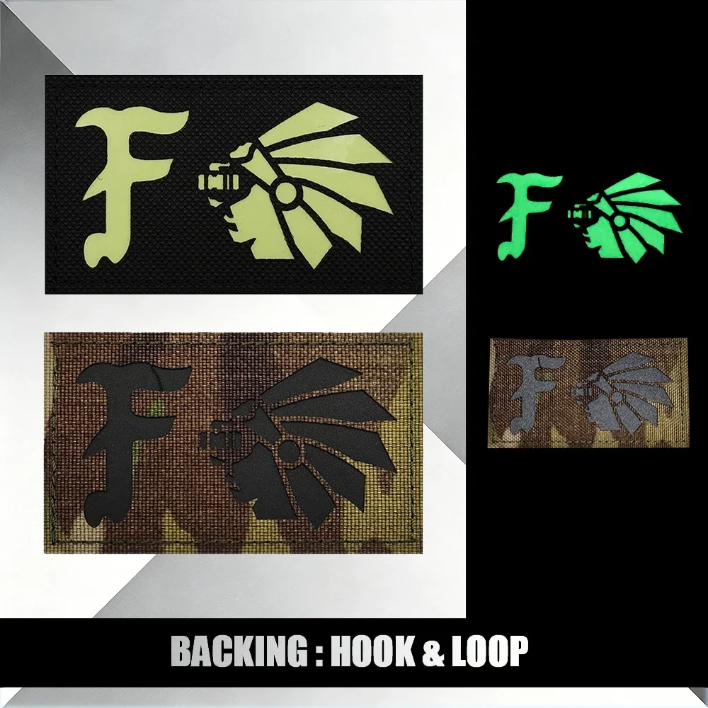 

Тактический нашивной патч с высокой видимостью, стилизованная буква "F" с профилем индейца, на липучке, для одежды и снаряжения