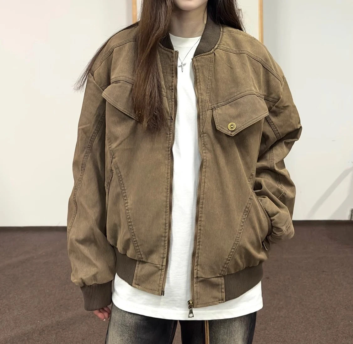 

Vintage Corduroy Loose-fitting Patchwork Workwear Jacket Spring Autumn Men Women New Trendy Round-neck Pocket Khaki Coat