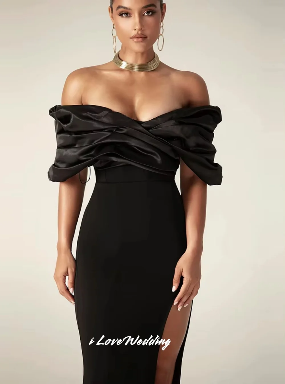 Black Off Shoulder Cocktail Dress 2025 Backless Pleat Mermaid Back Zipper Side Split Floor-Length Wedding Party Dress Customized image 5