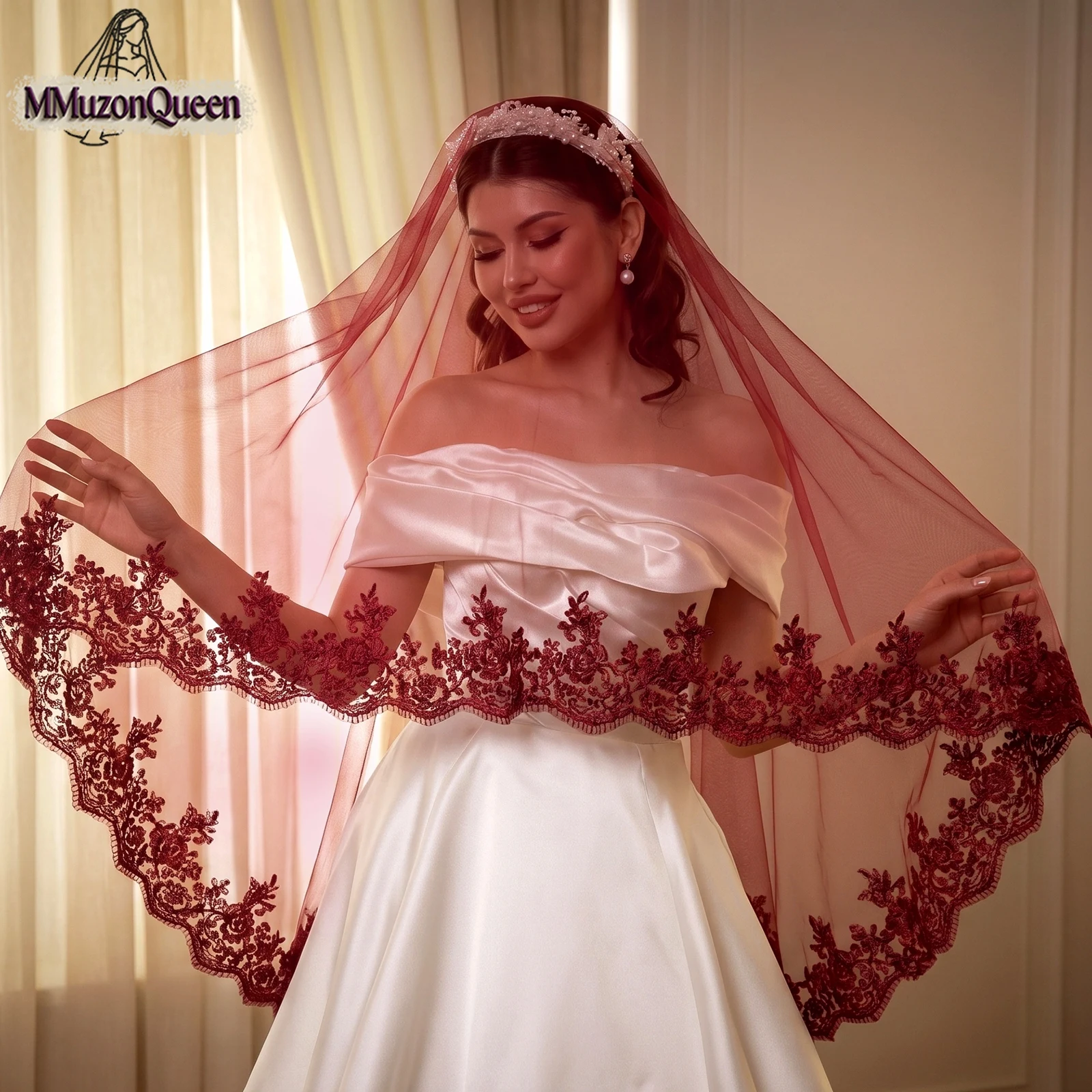 TOPQUEEN M115-R Fashion Burgundy Bridal Veil High-Quality Lace Applique Design Soft Tulle Material Factory Direct No Hair Comb