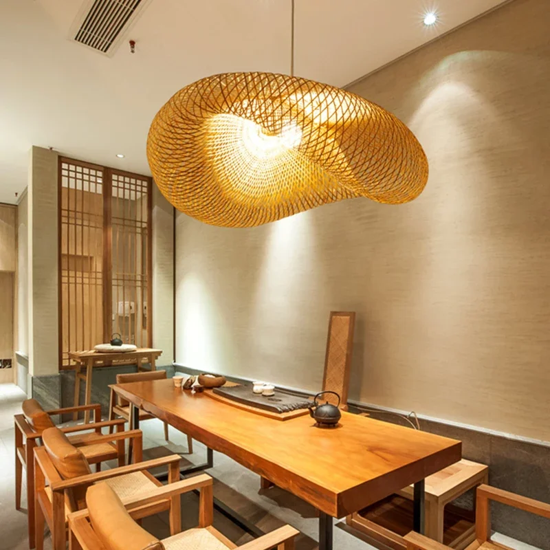 Imagem -03 - Chinês Artesanal Bambu Vime Luzes Pingente Vime Rattan Onda Sombra Lâmpadas Restaurante Corredor Sala de Chá Casa Vivendo