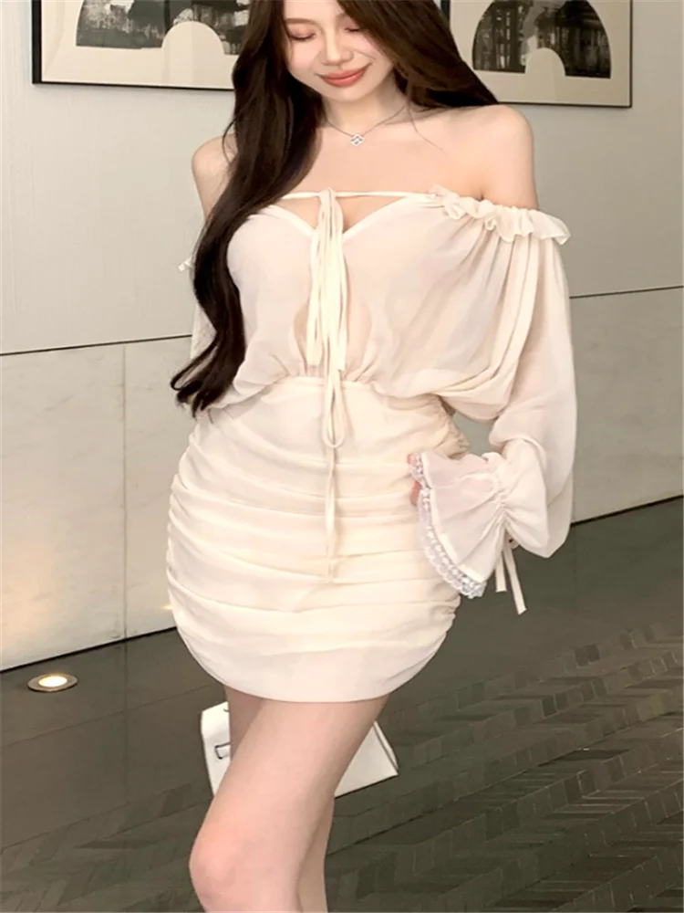 Mini robe crayon plissée abricot, Sexy, sans bretelles, manches longues évasées, col Slash, Slim, épaules dénudées, robe courte de Ballet