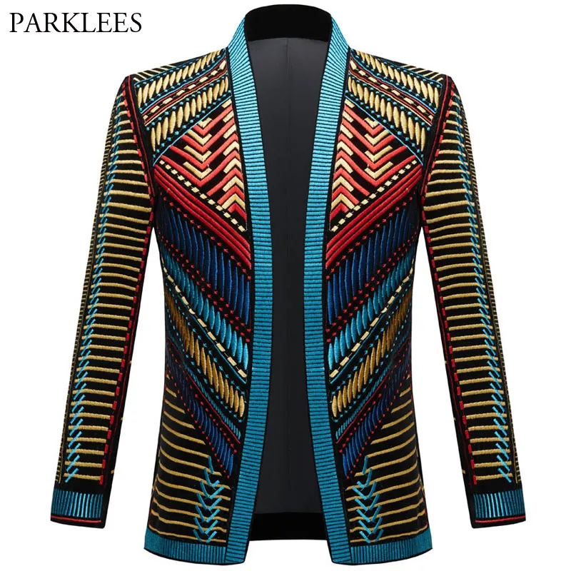 Vintage Colorful Embroidery Suit Jacket Blazer Men Velveteen Jacket Ethnic Style Striped Singer Stage Costume Casual Cardigan