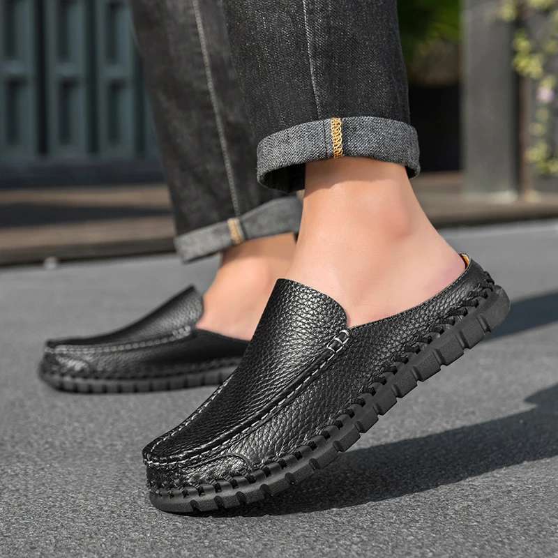 Plus Size 46 47 Slip-on Mules Loafers Slippers Platform Half-back Casual Shoes for Man Leather Sneakers Backless Slides Sandals