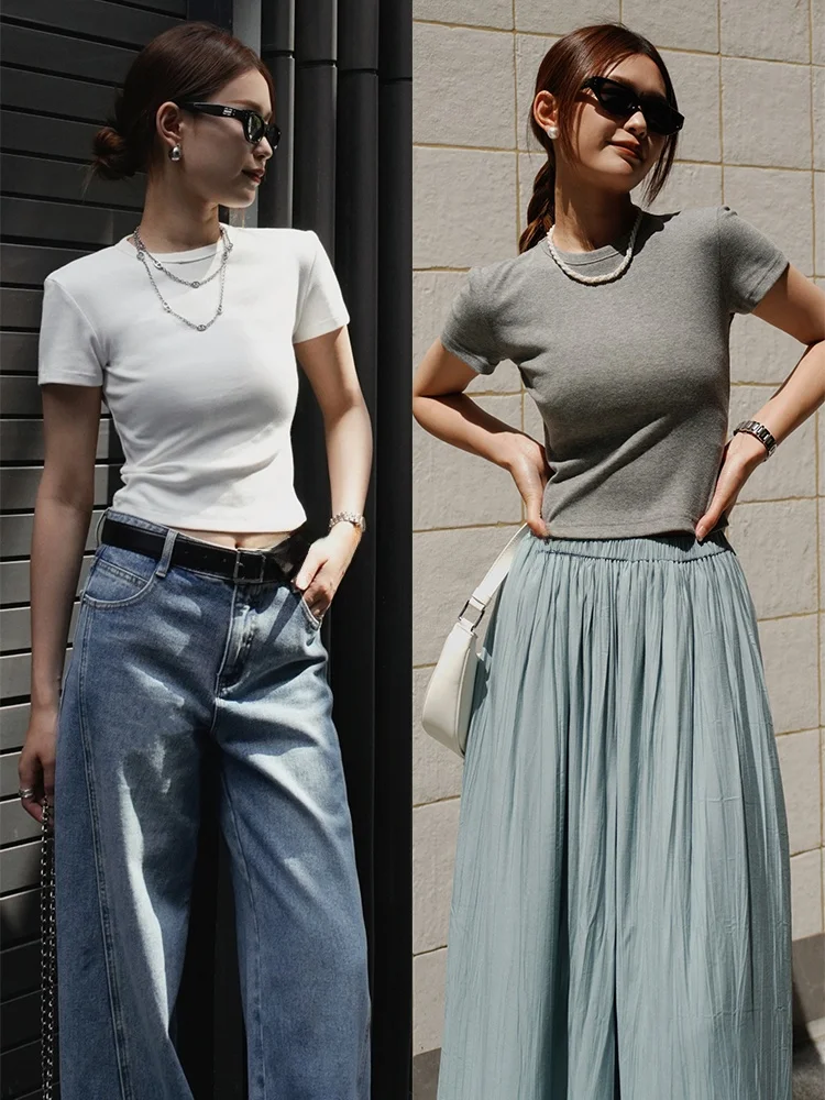 QCEO ニット半袖ラウンドネックタイトフィット Tシャツ女性の夏カジュアルベーシックスタイルピュアカラーコットンブレンドトップ 1