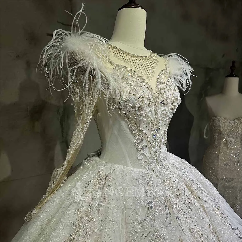 Suknia ślubna z organzy na zamówienie dla kobiet z piórami 2025 Nowa retro suknia balowa z długim rękawem dla panny młodej w dużych rozmiarach Vestido De Novia