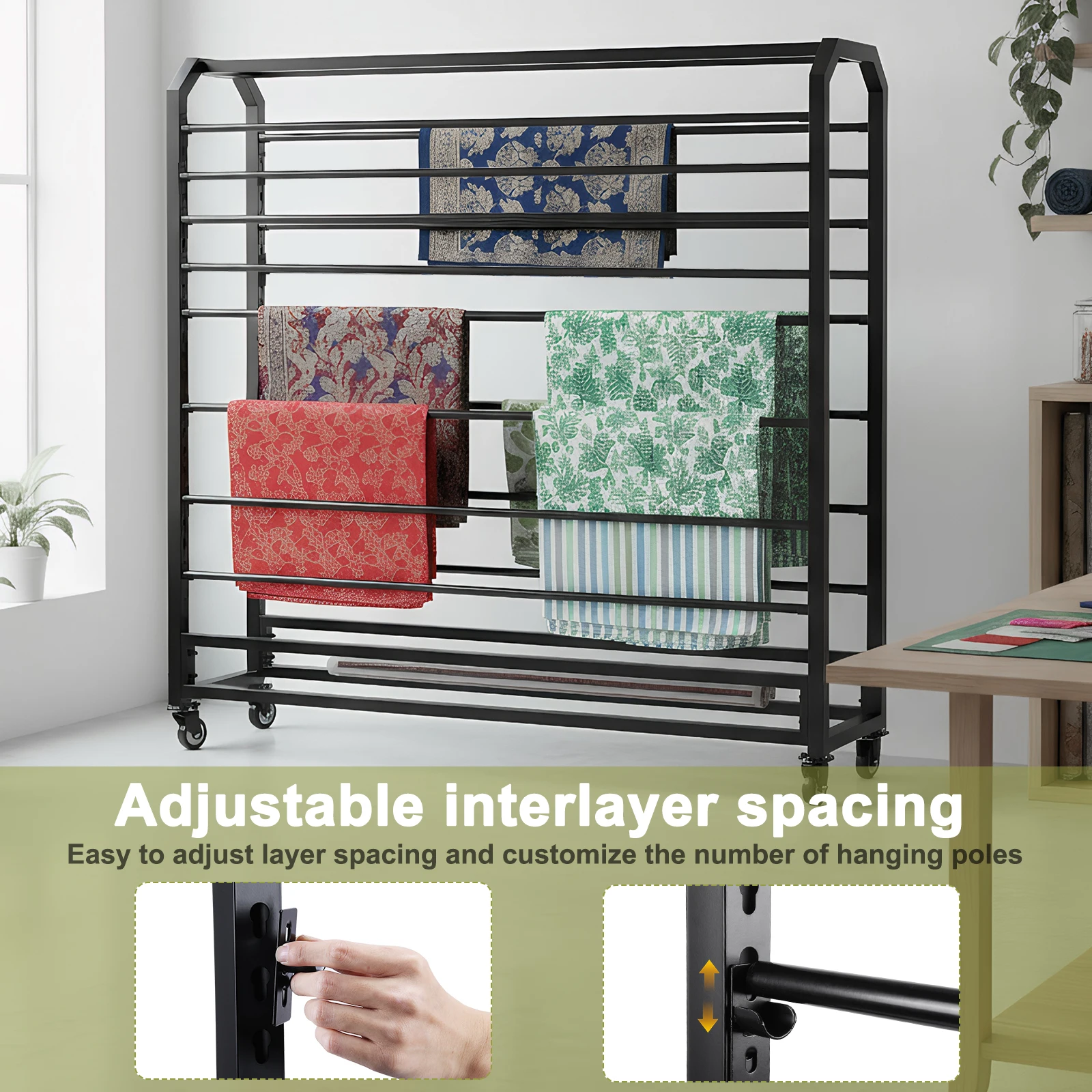 

16/18 Rods Paper Roll Holder with Adjustable Hanging Rod Mobile Rolling Organizer with Wheels for Car Window Film PVC Tablecloth