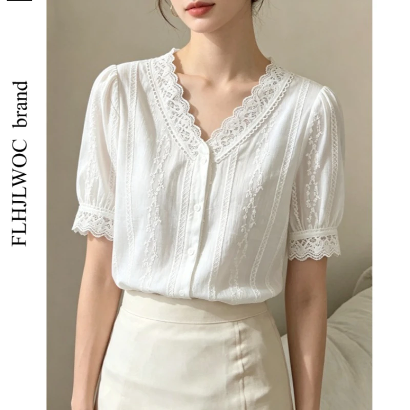 Hollow Out Lace Basic Shirt Blouse Women Fashion Short Sleeve Elegant Office Lady Work Semi-Transparent Ruffled Chic Tops Blusas