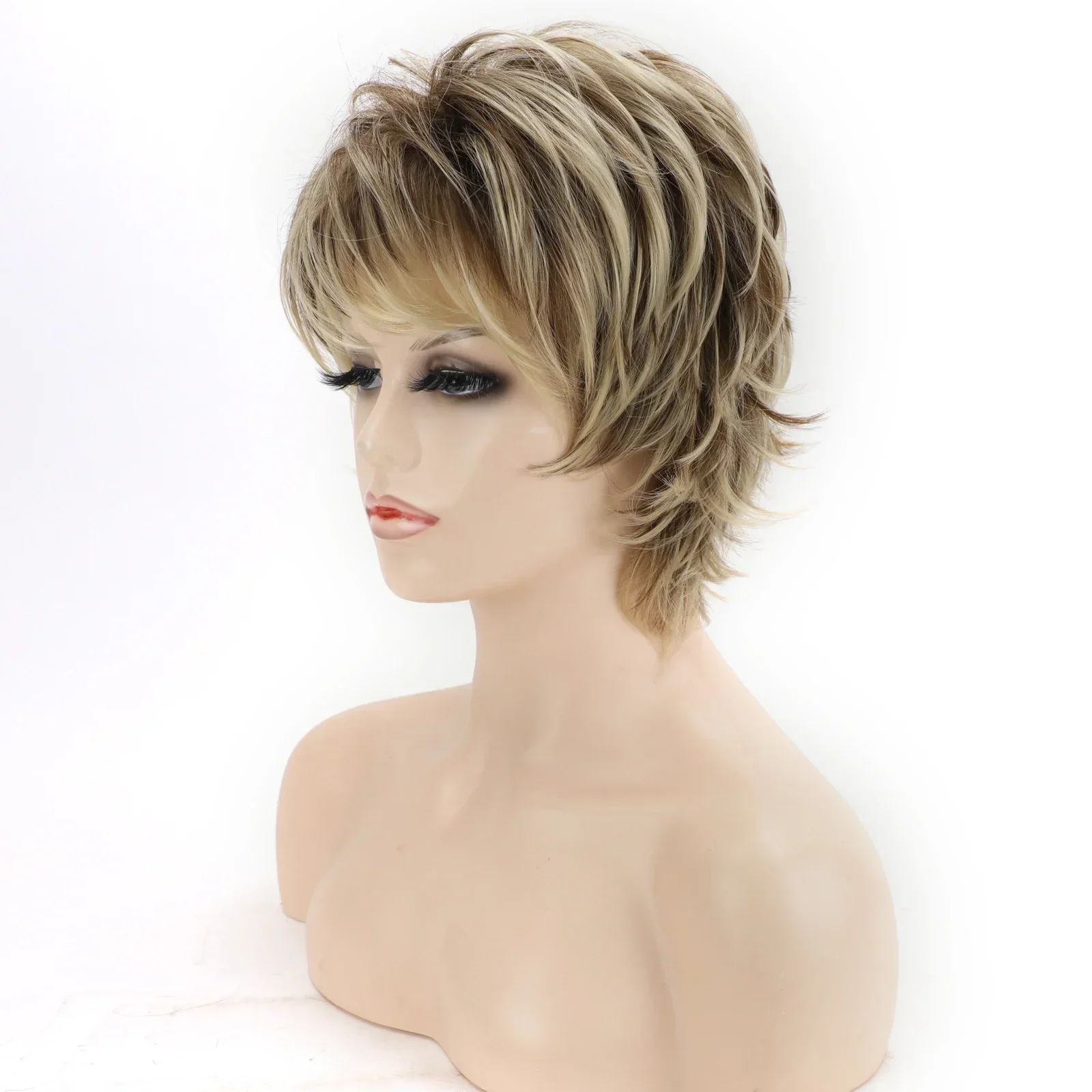 Women\'s Fashion Short Synthetic Wigs Pixie Cut Blonde Ombre Hair Costume Party Female Natural Curly Wavy Wig